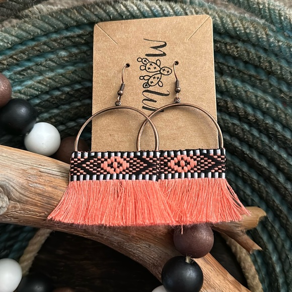 Jewelry - Coral Dangle Hoop Fringe Earrings